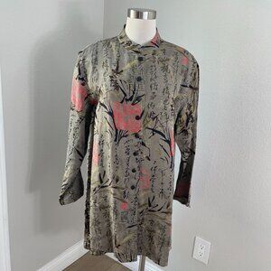 Chicos Design Womens XL Mandarin Collar Tunic Top Bamboo Asian Print Silk Linen